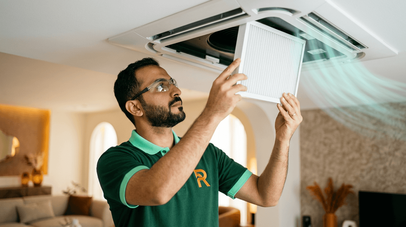 فنّي من روك راش يركّب فلتر مكيّف نظيف في وحدة سقفية
