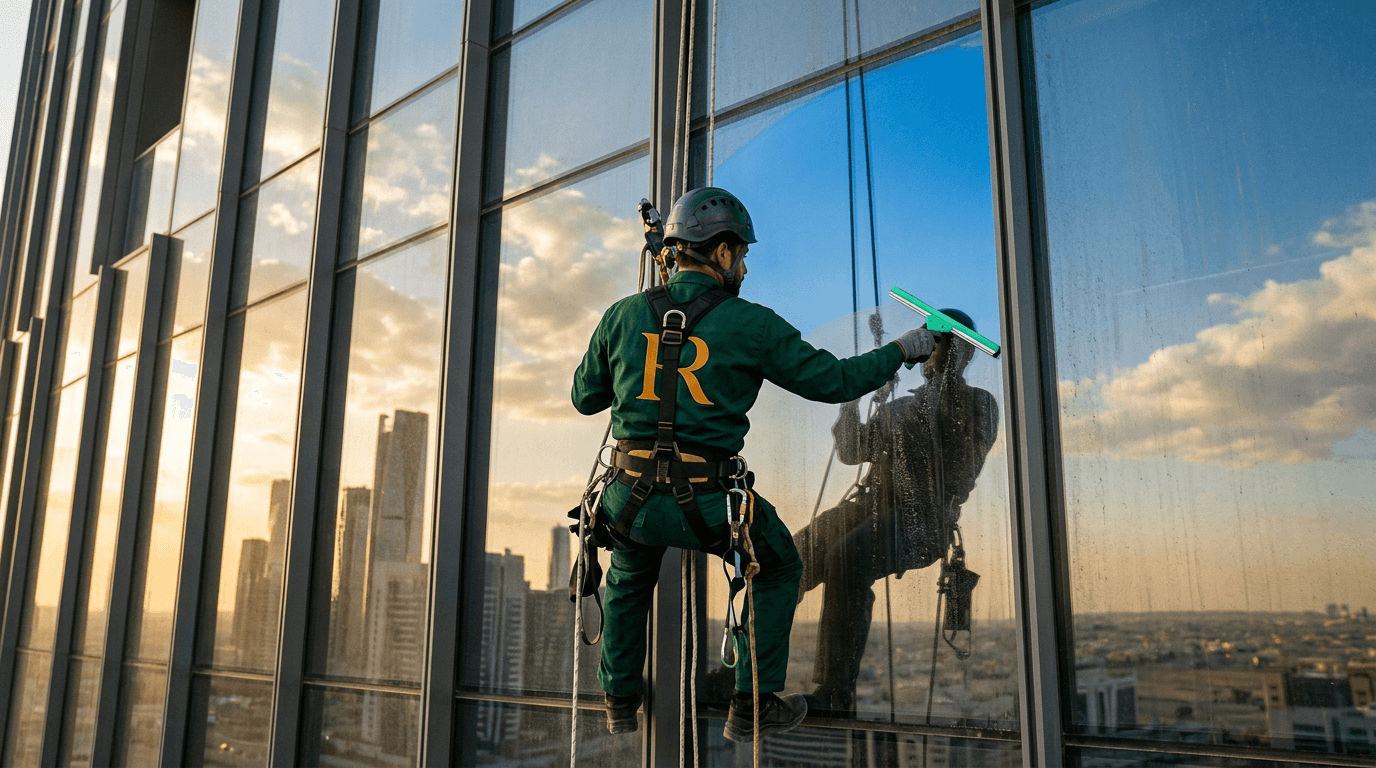 فنّي من روك راش يعمل على واجهة زجاجية في الرياض وقت الغروب