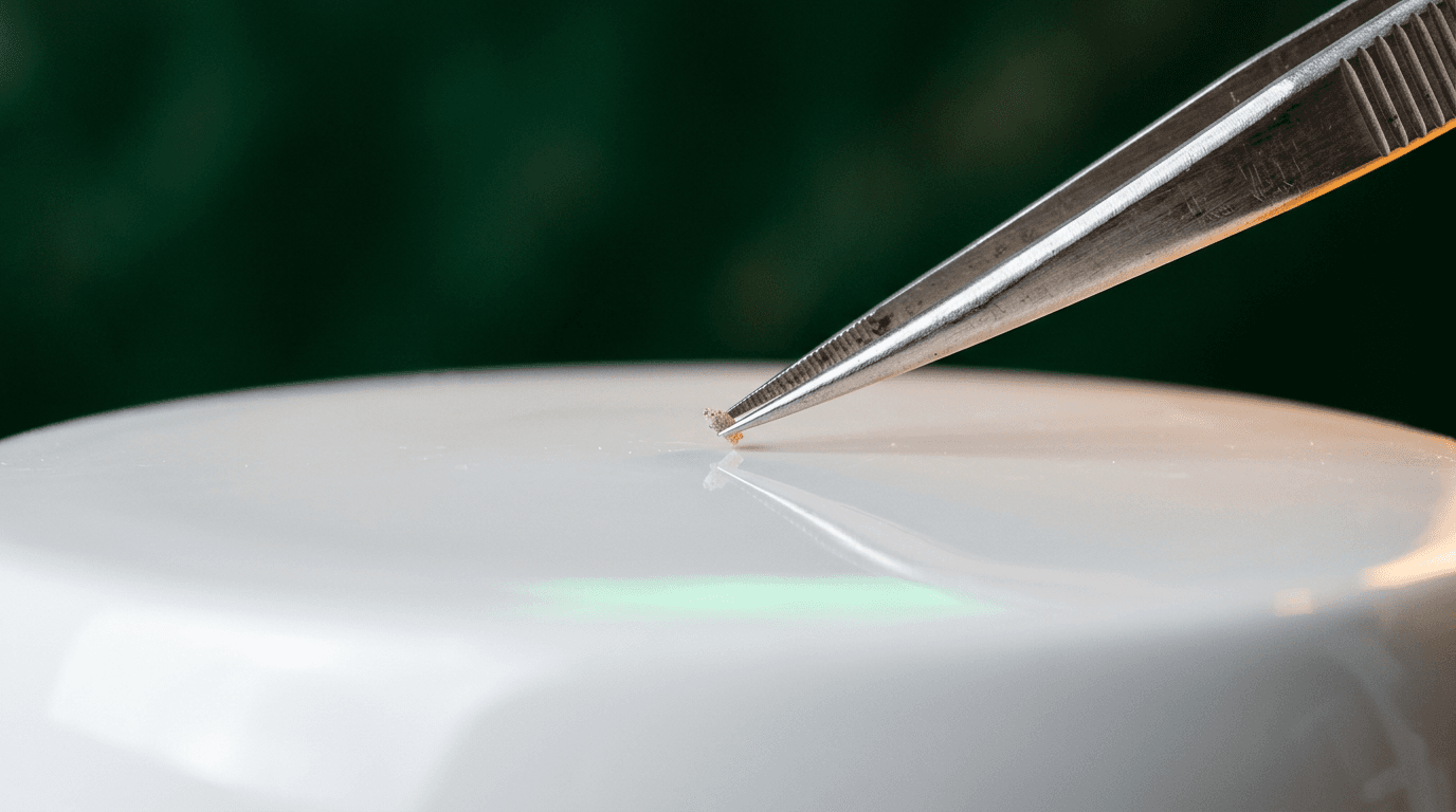 ملقط معدني يرفع ذرة غبار دقيقة — اهتمام حقيقي بأدق التفاصيل