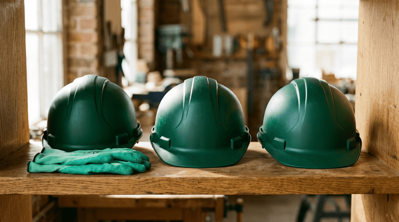 ثلاث خوذات سلامة خضراء بصفّ منتظم — فريق عمل مدرّب باحترافية