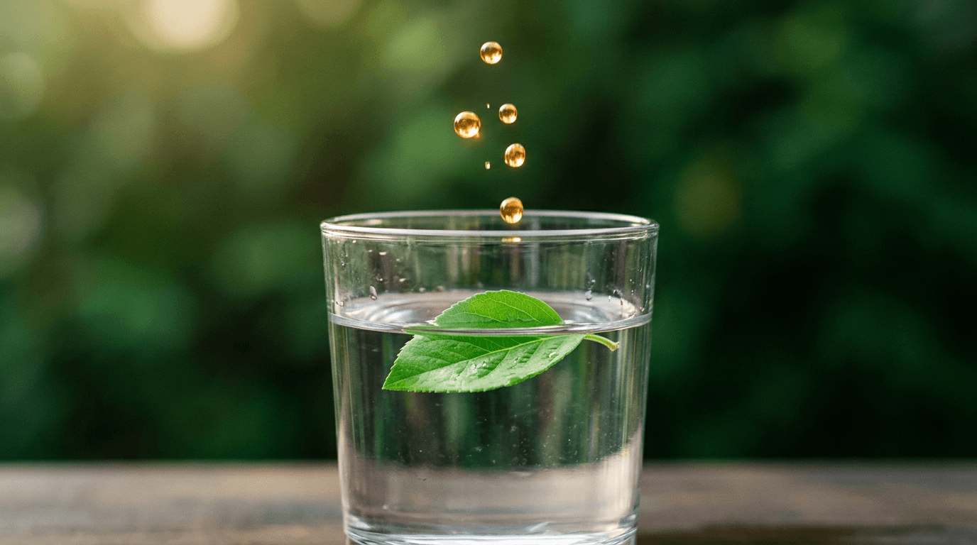 ورقة خضراء تطفو في كوب ماء — مواد آمنة وصديقة للبيئة