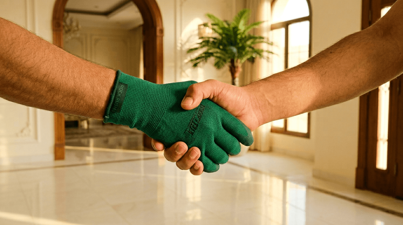 مصافحة بين يد فنّي روك راش وعميل — خدمة قائمة على المسؤولية