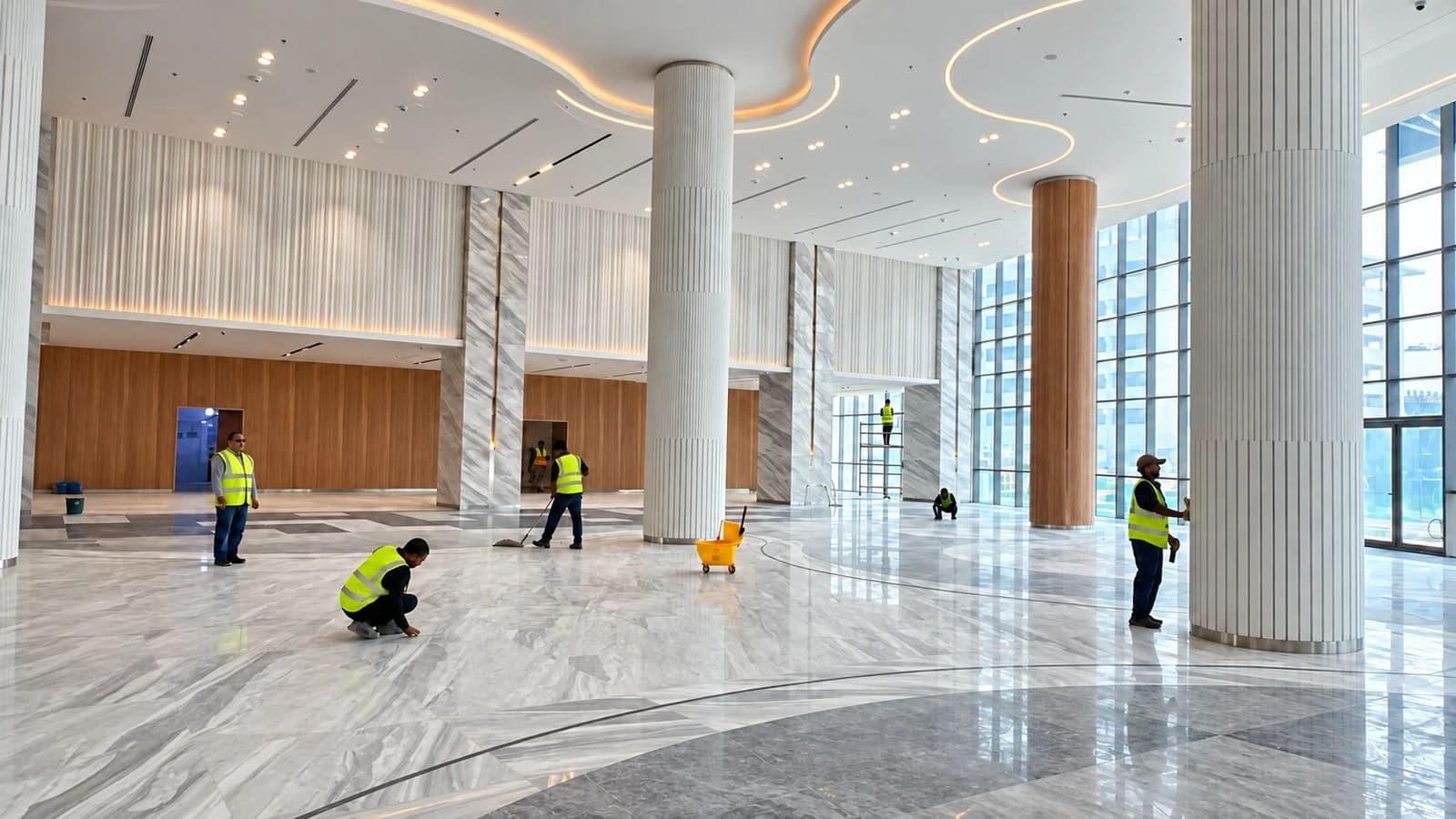 Cleaning a large marble hall