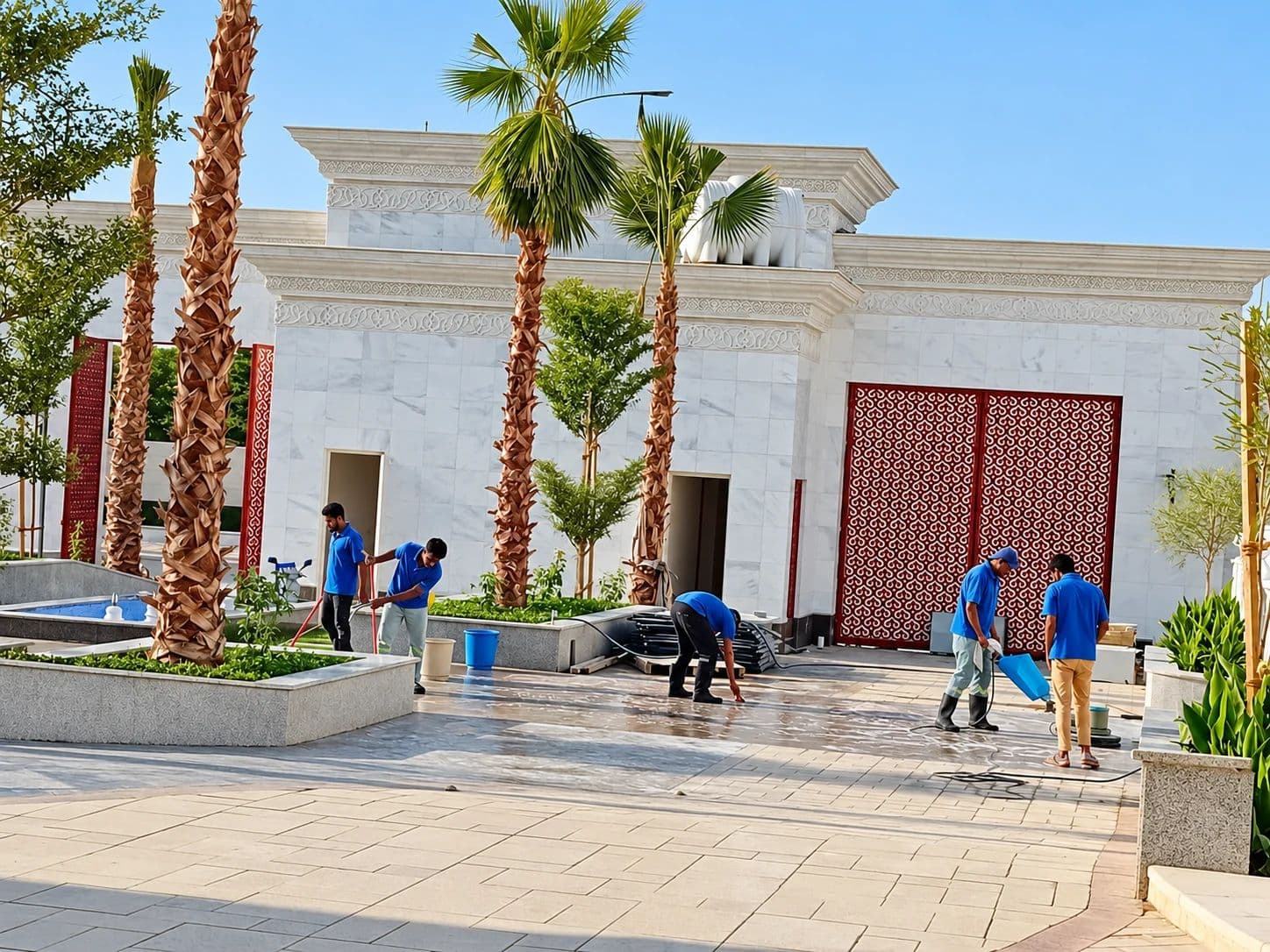فريق روك روش يغسل ساحة مدخل مشجّرة بالنخيل